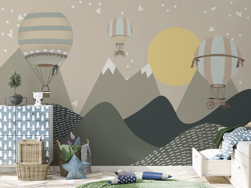 Fototapeta Heißluftballons über den Bergen we wnętrzu pokoju nastolatka