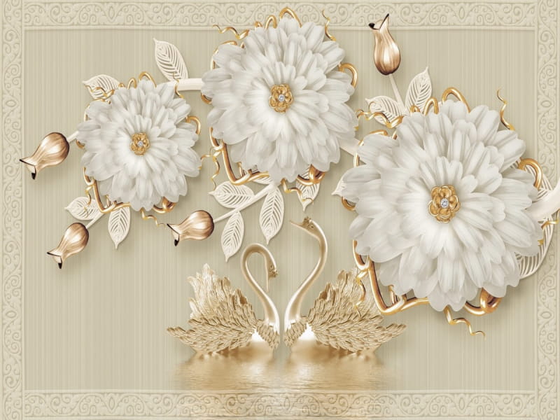 Fototapeta Kostbare Blumen und Schwäne