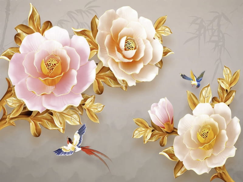 Fototapeta Volumetrische Blumen und Vögel