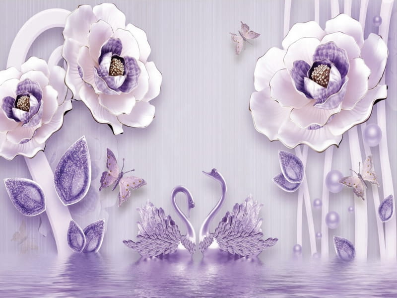 Fototapeta Lila Blumen mit Schwänen 3D