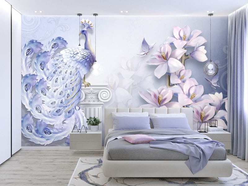Fototapeta Pfau und Magnolien 3D we wnętrzu sypialni
