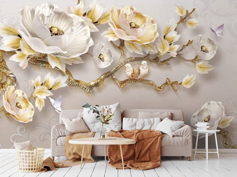 Fototapeta Blühender goldener Baum 3D we wnętrzu salonu