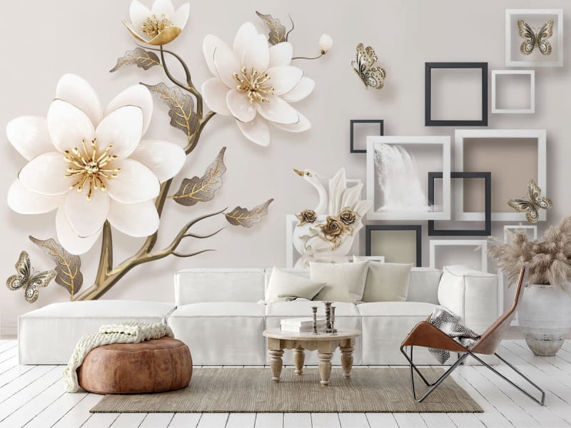 Fototapeta Blumen und Quadrate 3D we wnętrzu salonu