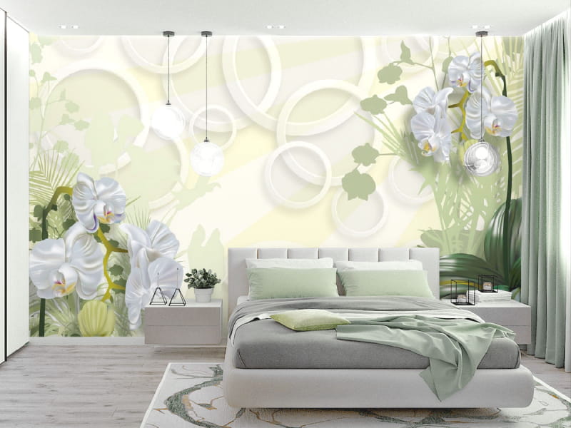 Fototapeta Weiße Orchideen und Ringe we wnętrzu sypialni