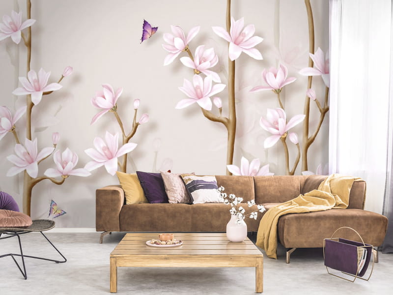 Fototapeta Magnolien und Schmetterlinge we wnętrzu salonu