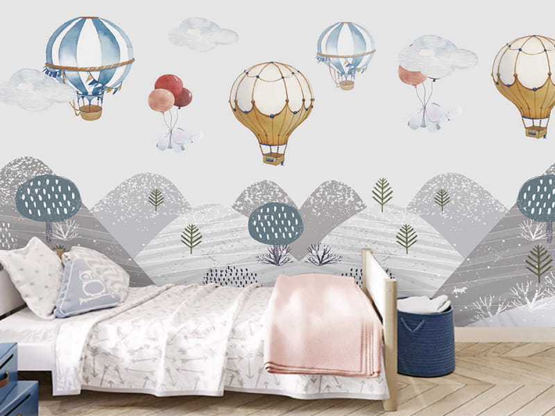 Fototapeta Heißluftballons über den Hügeln we wnętrzu pokoju nastolatka