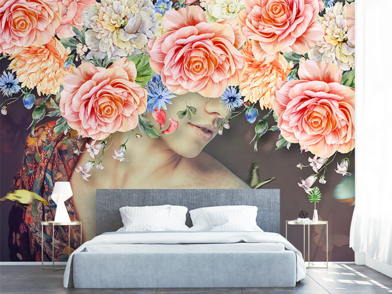 Fototapeta Riesiger Blumenkranz we wnętrzu sypialni