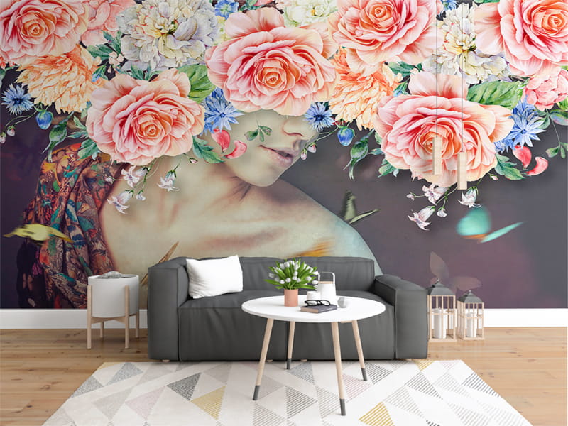 Fototapeta Riesiger Blumenkranz we wnętrzu salonu