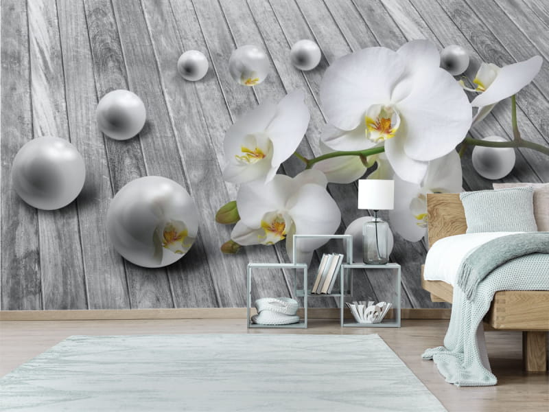 Fototapeta Orchidee und Perlen 3D we wnętrzu sypialni
