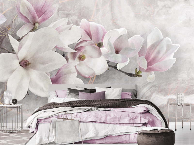 Fototapeta Rosa Magnolie 3D we wnętrzu sypialni