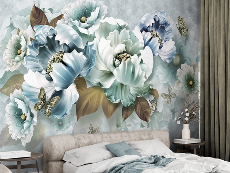 Fototapeta Königsblaue Blumen 3D we wnętrzu sypialni