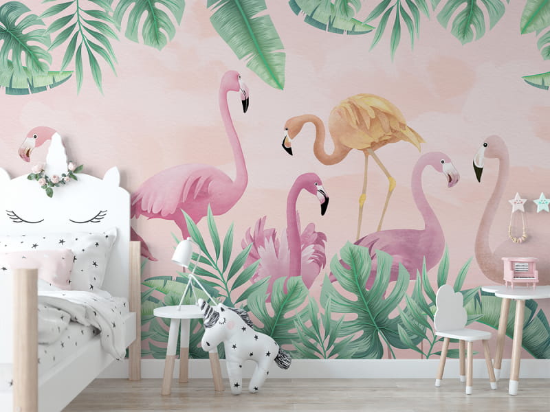 Fototapeta Flamingo mit Blättern, Zeichnung we wnętrzu pokoju dziecka