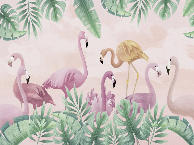 Fototapeta Flamingo mit Blättern, Zeichnung