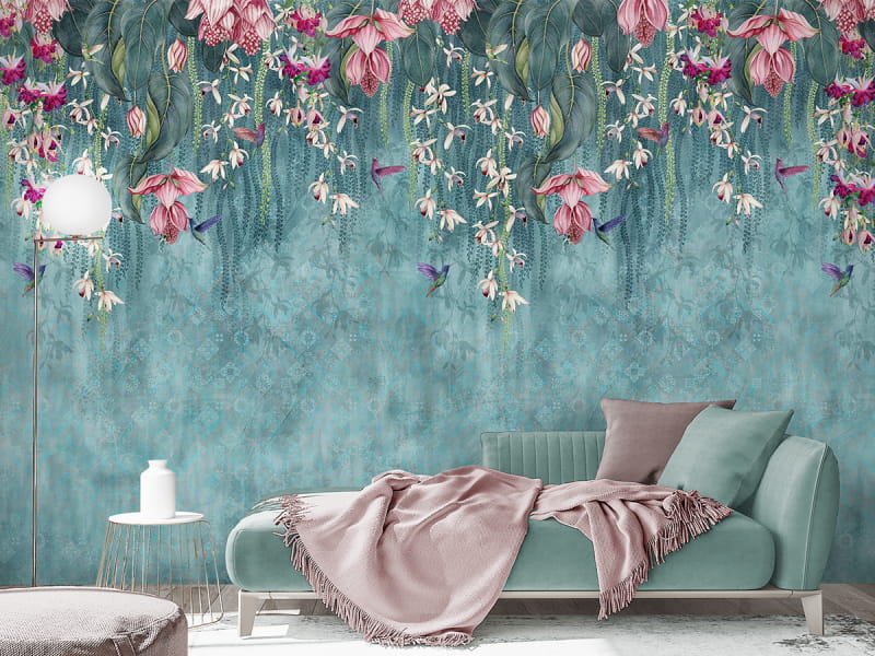 Fototapeta Wunderschöne tropische Blumen we wnętrzu salonu