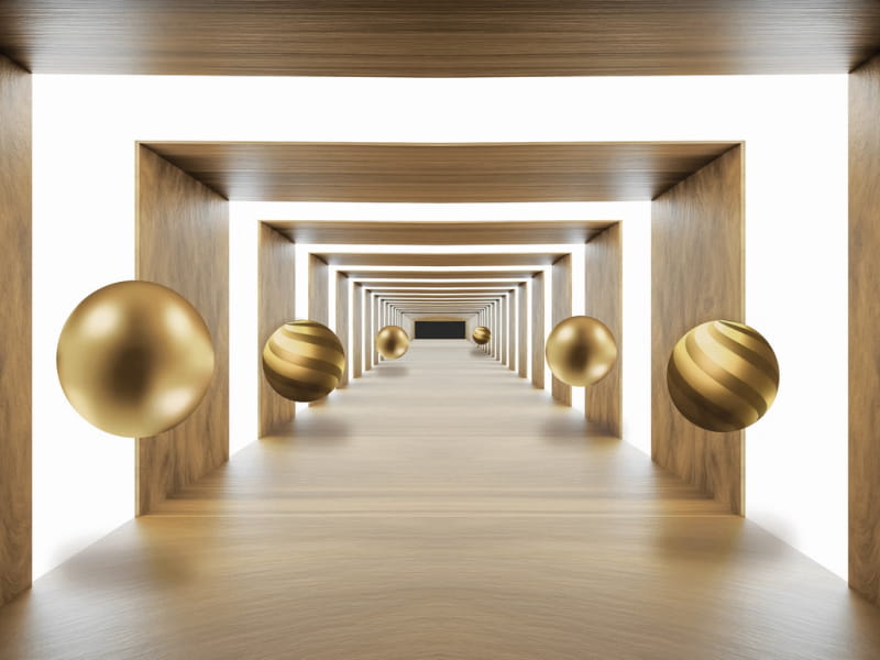 Fototapeta Goldene Kugeln in einem 3D-Tunnel