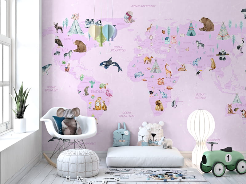Fototapeta Weltkarte auf rosa Hintergrund we wnętrzu pokoju dziecka