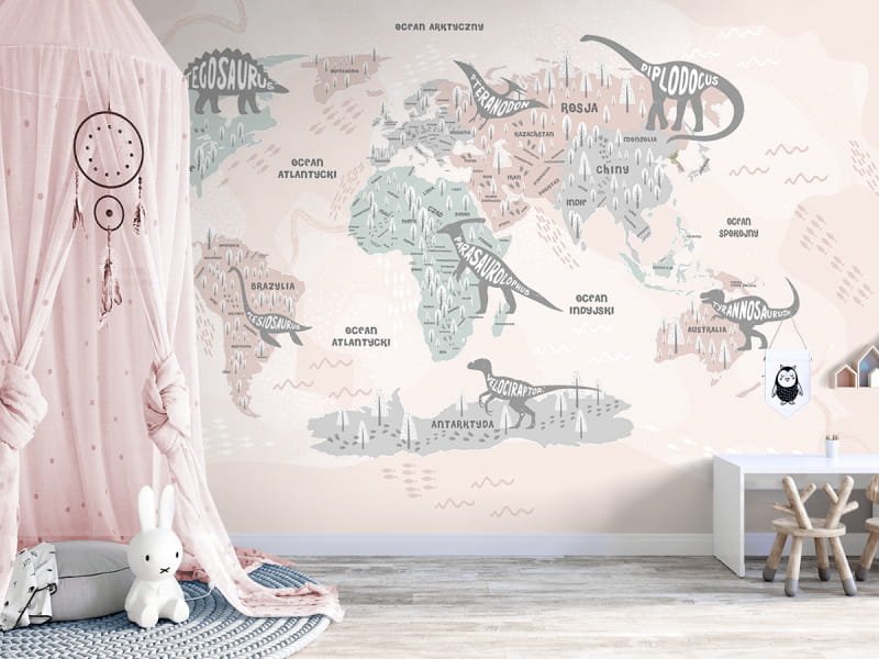 Fototapeta Weltkarte in rosa Farben we wnętrzu pokoju dziecka