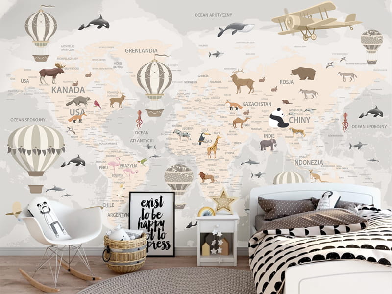 Fototapeta Tiere auf beige Weltkarte we wnętrzu pokoju dziecka