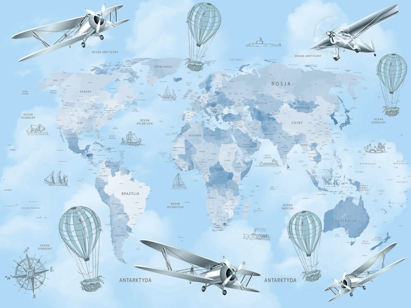 Fototapeta Blaue Weltkarte mit Flugzeugen