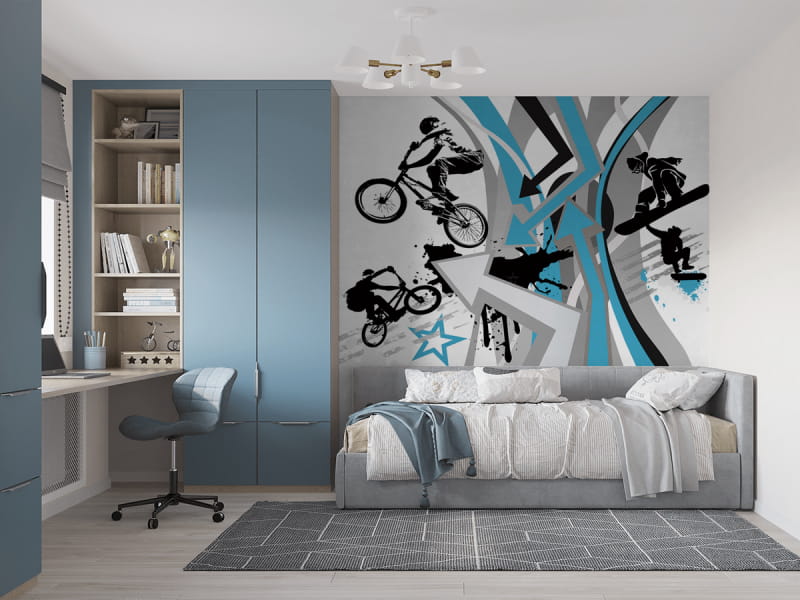 Fototapeta Schwarzes und blaues Graffiti we wnętrzu pokoju nastolatka