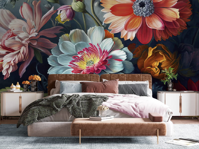 Fototapeta Helle Aquarellblumen we wnętrzu sypialni