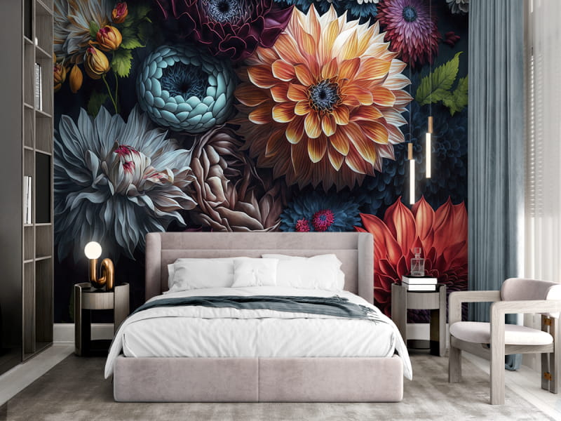 Fototapeta Modische Blumen für die Dunkelheit we wnętrzu sypialni