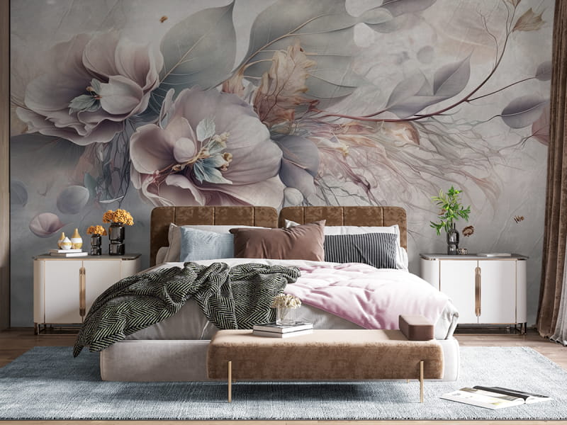 Fototapeta Elegante Blumen auf hellem Hintergrund we wnętrzu sypialni