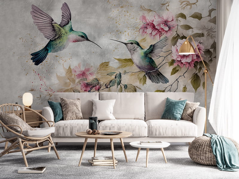 Fototapeta Die schönsten Kolibris auf hellem Hintergrund we wnętrzu salonu