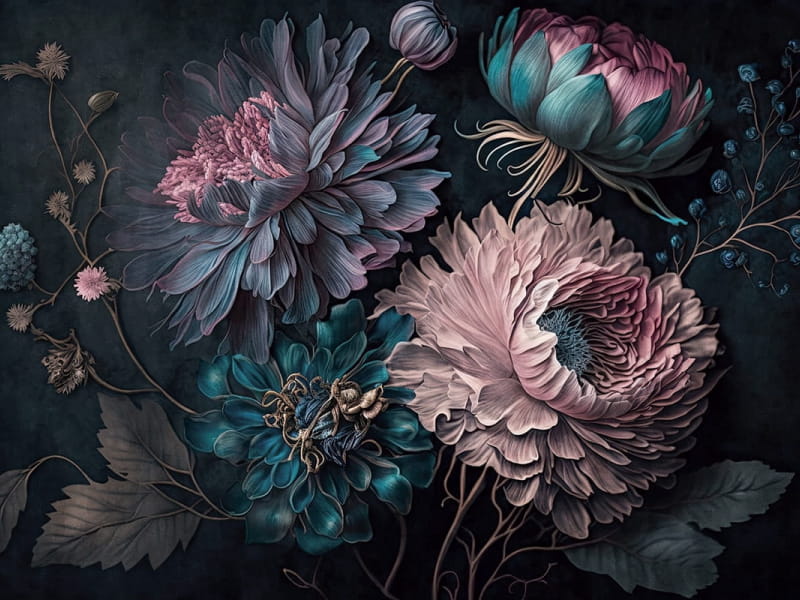 Fototapeta Die angesagtesten Blumen auf schwarzem Hintergrund