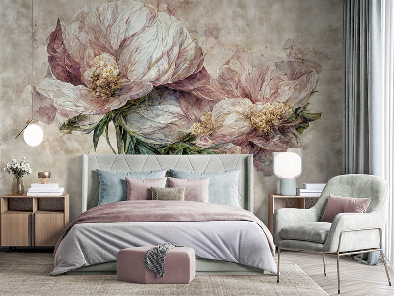 Fototapeta Die schönsten Blumen auf beigem Hintergrund we wnętrzu sypialni