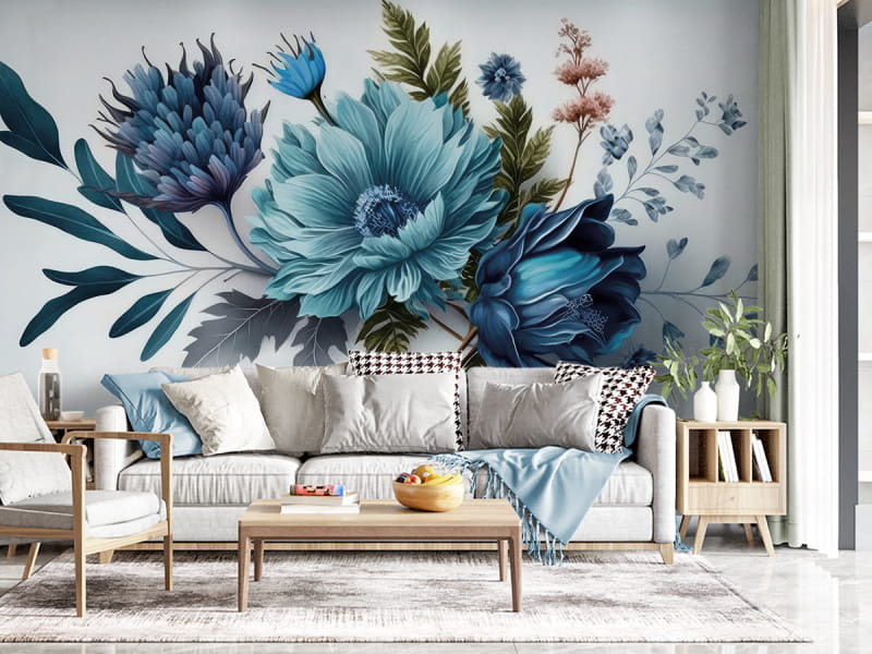 Fototapeta Blaue Blumen im Hintergrund we wnętrzu salonu