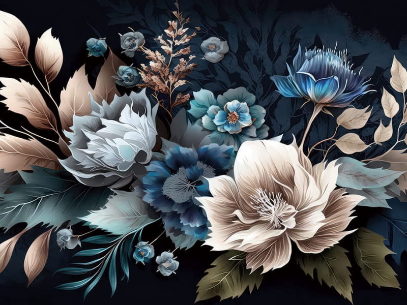 Fototapeta Blaue Blumen auf schwarzem Hintergrund