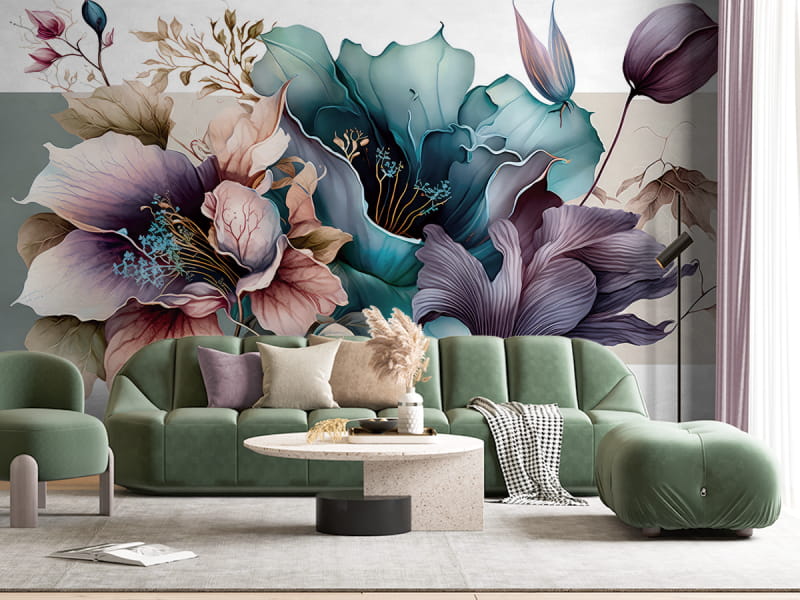 Fototapeta Türkisfarbene und violette Blumen auf weißem Hintergrund we wnętrzu salonu