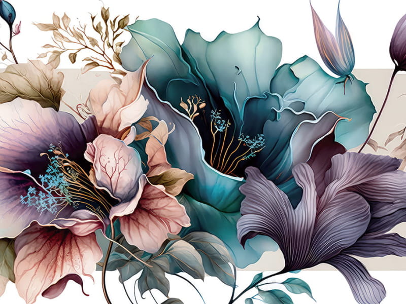 Fototapeta Türkisfarbene und violette Blumen auf weißem Hintergrund