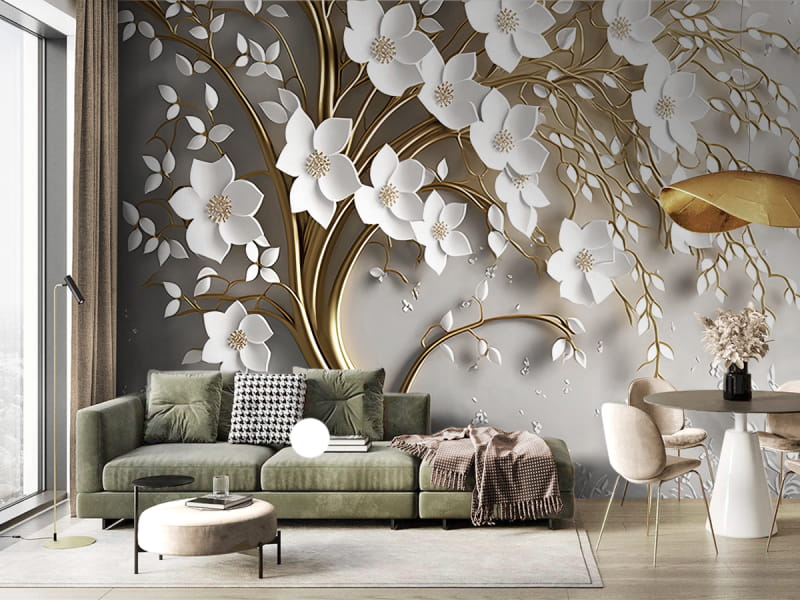 Fototapeta Blühender goldener Baum auf hellem Hintergrund we wnętrzu salonu