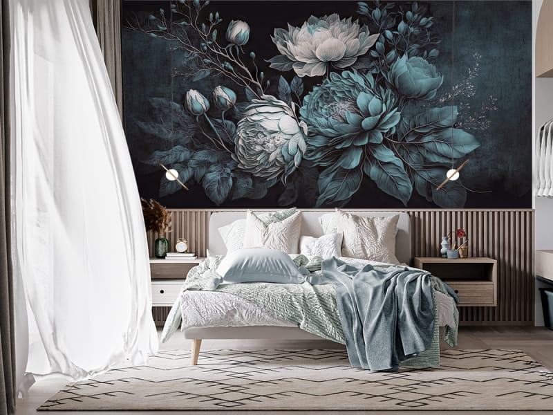 Fototapeta Helle Blumen auf schwarzem Hintergrund we wnętrzu sypialni