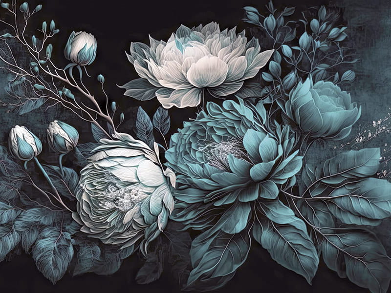 Fototapeta Helle Blumen auf schwarzem Hintergrund
