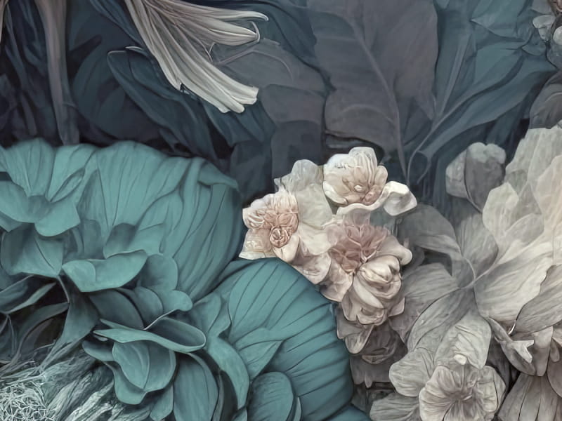 Fototapeta Große Blüten auf Dunkelgrün fragment # 1
