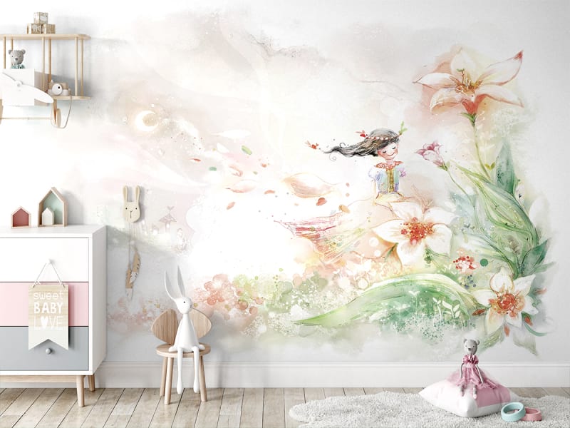 Fototapeta Mädchen in einem Blumenfeld we wnętrzu pokoju dziecka