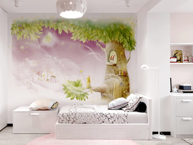 Fototapeta Baum mit rosa Himmel we wnętrzu pokoju nastolatka