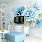 Miniatura fototapety Volumetrische blaue Blüten we wnętrzu salonu