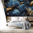 Miniatura fototapety Große blaue Blüten mit Gold we wnętrzu sypialni