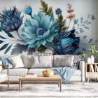 Miniatura fototapety Blaue Blumen im Hintergrund we wnętrzu salonu