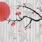 Miniatura fototapety Sakura auf einem Hintergrund aus Bambus
